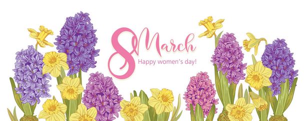 цветы гиацинт и нарцисс с поздравительной надписью на 8 марта. Горизонтальное знамя  - Вектор,изображение