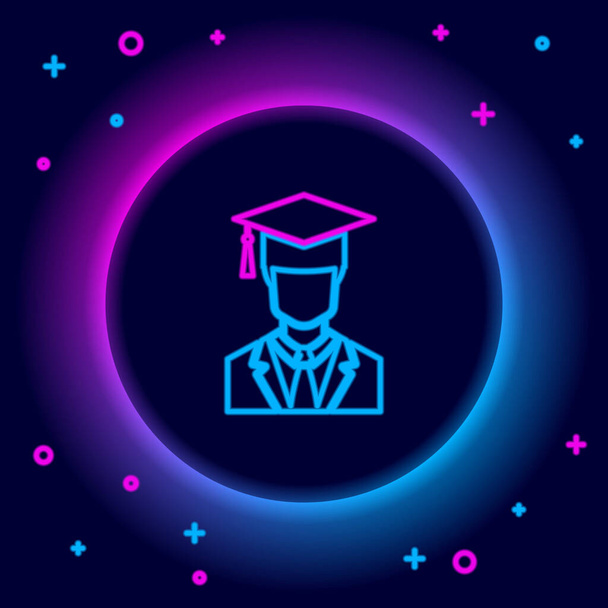 Świecące neon linii Mężczyzna absolwent profil studenta z sukni i ikona czapki ukończenia izolowane na czarnym tle. Kolorowy koncept. Wektor - Wektor, obraz