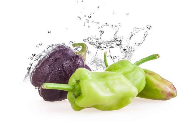 water splash green and black peppers isolated on white background - Fotografie, Obrázek