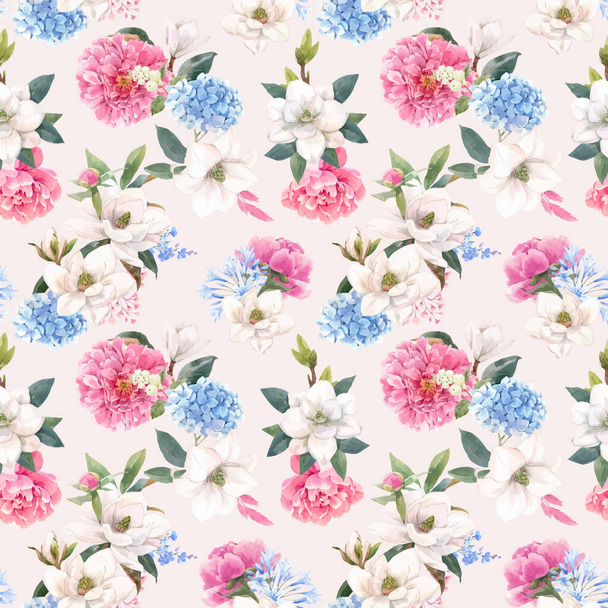 Beautiful vector seamless pattern with hand drawn watercolor gentle white magnolia and hydrangea flowers. Stock illustration. - Вектор,изображение