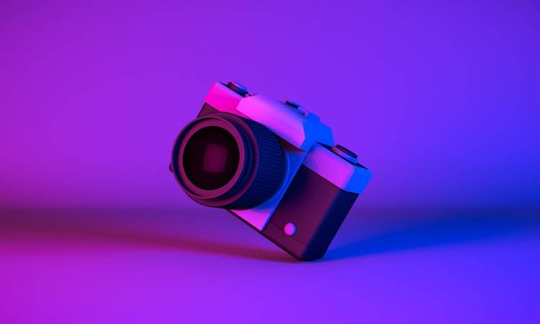 3D Rendering, Realistic mock up tilted vintage camera in neon blue purple colors lighting and background. - Foto, immagini