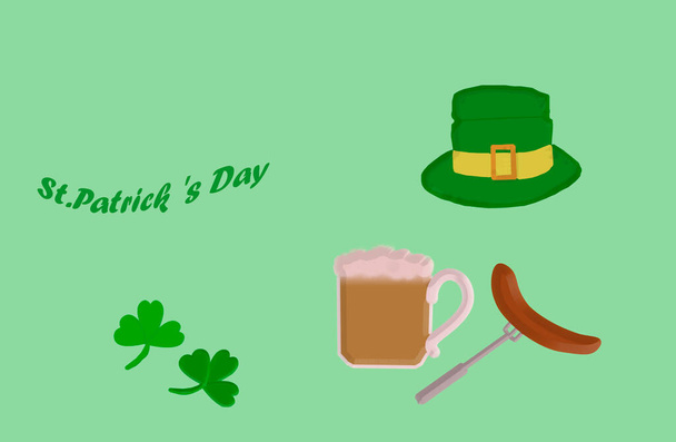 3 D -レンダリング。緑の背景には、 2つのクローバーの葉、緑の帽子、泡のあるビールのマグカップ、フォークのソーセージがあります。横には「聖パトリックの日」と刻まれている。".  - 写真・画像
