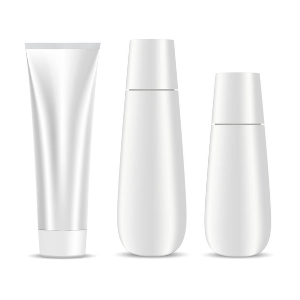Kozmetik şampuan şişesi krem tüpü beyaz vektör boş. İzole edilmiş kozmetik tasarım şablonu, banyo ürünleri için hazırlanmış plastik kap. Vücut nemlendirici, sıvı sabun veya süt, yüz maskesi çizimi - Vektör, Görsel