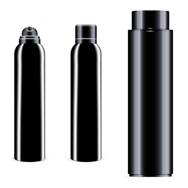 Musta pullo tyhjä. Vektoriaerosolipurkki. Deodorantti alumiini purkki, realistinen kauneus tuote. Ilmanraikastinpakkaus. Shampoo putki korkki. Hiuslakka, sylinterin kertauspakkaus - Vektori, kuva