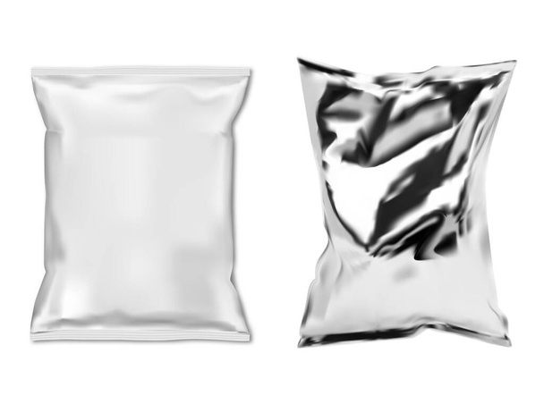 Folyo çerez çantası. Beyaz plastik yiyecek kesesi izole edilmiş vektör boş. Abur cubur kesesi şablon tasarımını taklit eder. Şeker ya da çikolata yastık paketi 3D model. Kurabiye paketi. Politik çip paketleme - Vektör, Görsel
