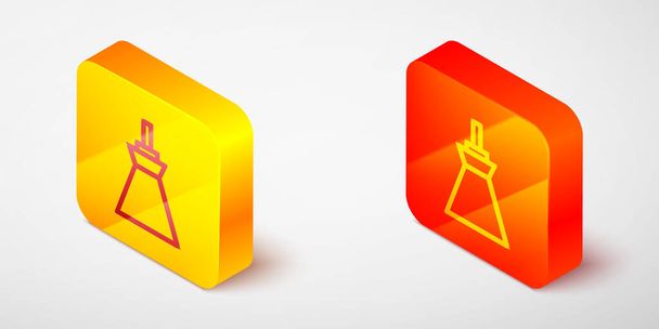 Isométrique ligne Lampe pendante icône isolée sur fond gris. Ampoule plafonnier. Bouton carré jaune et orange. Vecteur - Vecteur, image
