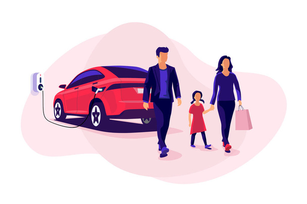Young family shopping while electric car is charging on parking spot near store shop on charger wallbox station. Battery vehicle standing on parking lot connected to wall box. Vector illustration.  - Vector, Image