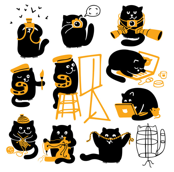 Conjunto de gatos negros. Profesiones creativas
 - Vector, Imagen