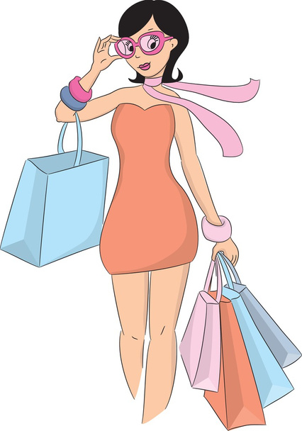 moda kız ve satış kelime alışveriş - Vektör, Görsel
