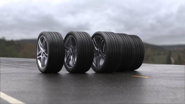 3d maken vier auto wielen rollen op nat asfalt - Foto, afbeelding