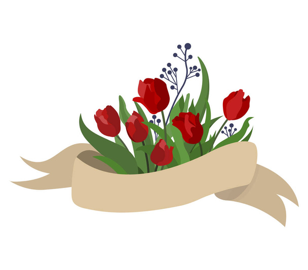Frühlingsblumentulpen mit Schleife für Text zum Frauentag, Muttertag - Vektor, Bild
