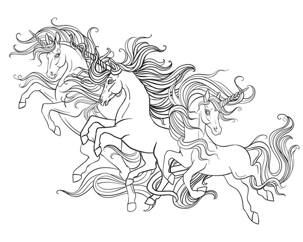 Three running unicorns with a long manes. Vector black and white contour illustration for coloring page. For the design of prints, posters, postcards, stickers, tattoo, t-shirt design, logo, sign - Vector, Image
