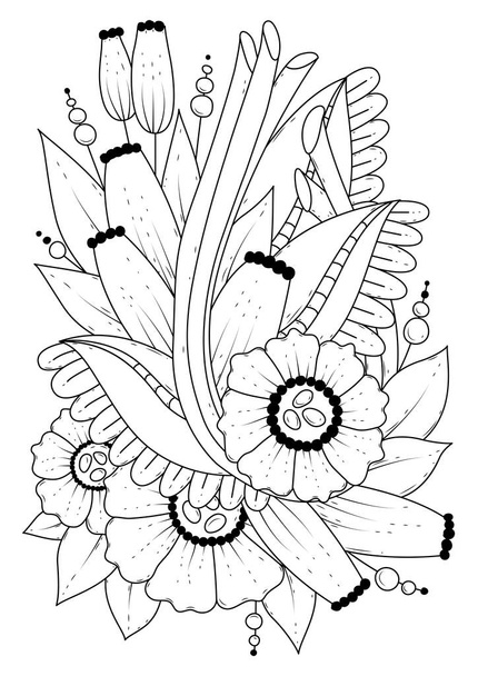 Coloring page for children and adults. Raster illustration with abstract flowers. Black-white background for coloring, printing on fabric or paper. - Wektor, obraz