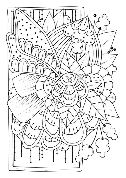 Página para colorear para niños y adultos. Ilustración de trama con flores abstractas. Fondo blanco y negro para colorear, imprimir en tela o papel. - Vector, Imagen