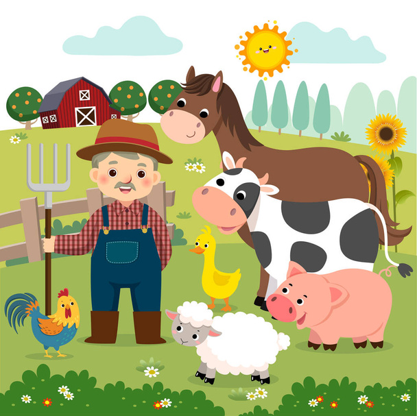 Dibujos animados de ilustración vectorial de antiguos agricultores y animales de granja en la granja. - Vector, imagen