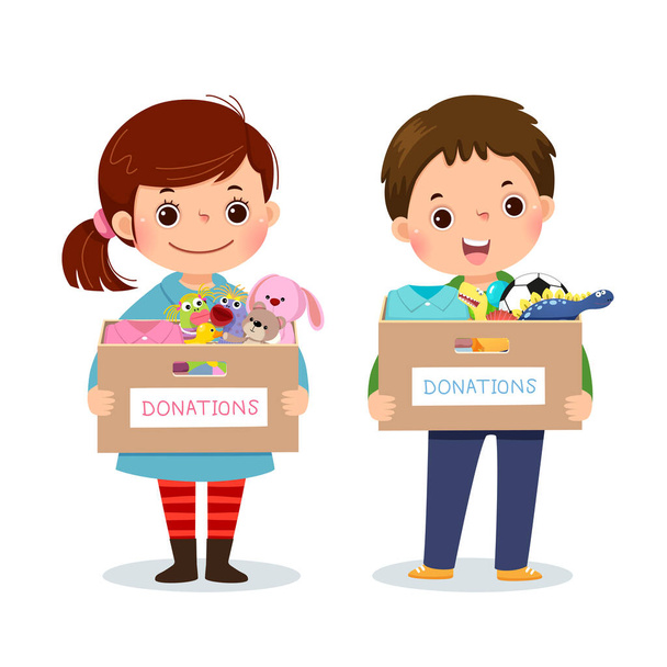 Vector illustratie cartoon van kleine kinderen meisje en jongen houden donatie doos met kleding en speelgoed. - Vector, afbeelding