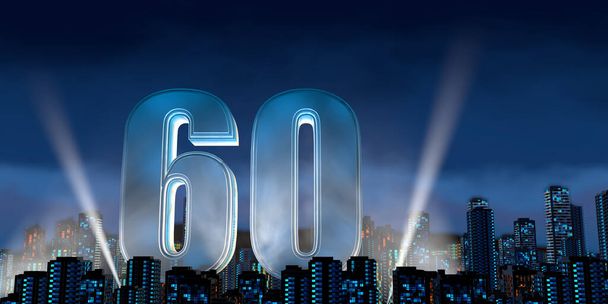 Nummer 60 in dik blauw lettertype verlicht van onderen met witte lichtreflectoren drijvend in het midden van een centrum van de stad met hoge gebouwen met blauwe lichten aan 's nachts met bewolkte hemel. 3D Illustratie - Foto, afbeelding