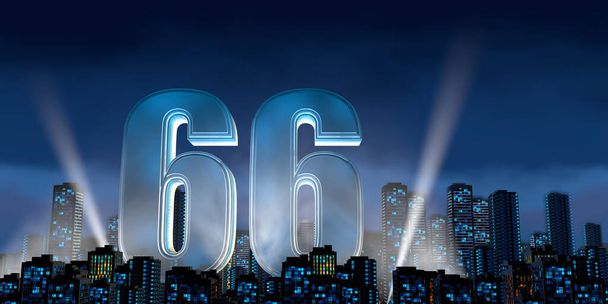 Número 66 en fuente azul gruesa iluminada desde abajo con reflectores de luz blanca flotando en el centro de una ciudad con edificios altos con luces azules encendidas por la noche con cielo nublado. Ilustración 3D - Foto, Imagen