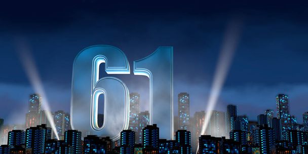 Номер 61 толстым голубым шрифтом, освещенным снизу, с белыми светоотражателями, плавающими в центре города с высокими зданиями с голубыми огнями на ночь с облачным небом. 3D-моделирование - Фото, изображение