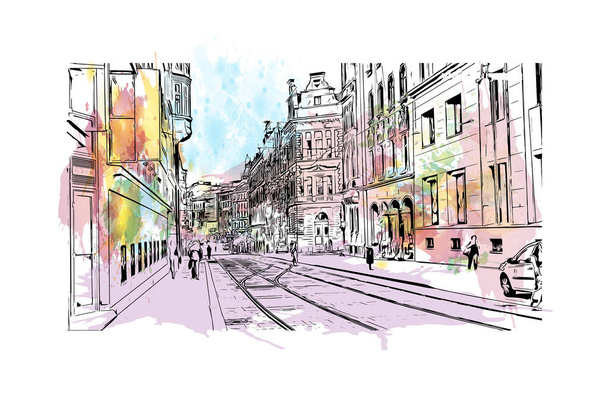 印刷ブルノのランドマークと建物の眺めは、チェコ共和国の都市です。手描きのスケッチイラストと水彩スプラッシュベクトル. - ベクター画像