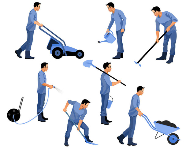 Set of seven isolated figures of an asian gardener or farmer with garden tools shovel, rake, garden hose, watering can, garden wheelbarrow, lawn mower - Вектор, зображення
