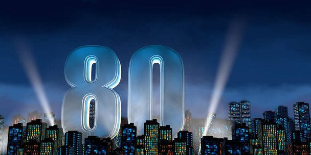 Номер 80 толстым голубым шрифтом, освещенным снизу, с белыми светоотражателями, плавающими в центре города с высокими зданиями с голубыми огнями на ночь с облачным небом. 3D-моделирование - Фото, изображение