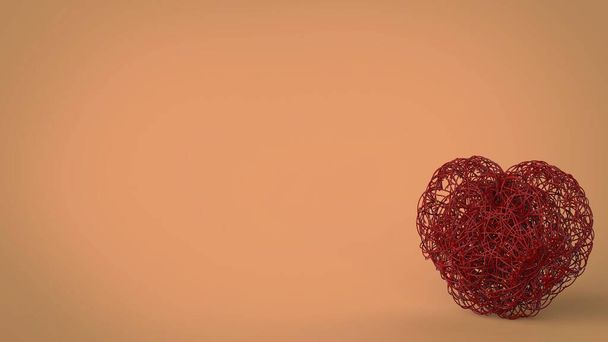 Amore rosso aggrovigliato cuore filo per 14 febbraio San Valentino giorno vacanza regalo isolato su morbido sfondo marrone immagine di rendering 3d - Foto, immagini