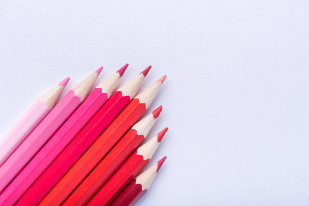Macro photograph of several sharpened pencils of red color on a white background - Foto, imagen