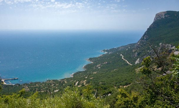 Mediterranean landscape. Forested rocks of the Black Sea coast of the southern coast of the Crimean Peninsula on a clear sunny day. - Foto, afbeelding