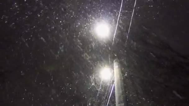 雪は柱の上の街灯の光の中に落ち - 映像、動画