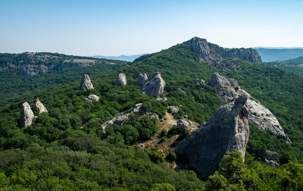 Mediterranean landscape. Forested rocks of the Black Sea coast of the southern coast of the Crimean Peninsula on a clear sunny day. - 写真・画像