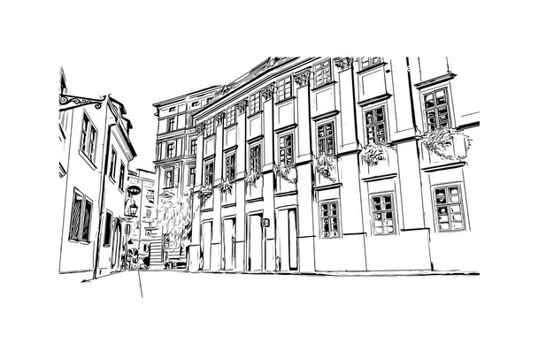印刷ブルノのランドマークと建物の眺めは、チェコ共和国の都市です。手描きのスケッチ図ベクトル. - ベクター画像