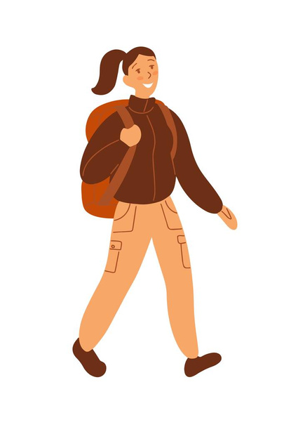 Stile piatto. Una donna che cammina, una turista con un grosso zaino. Colori pastello. Una persona va a fare escursioni. - Vettoriali, immagini