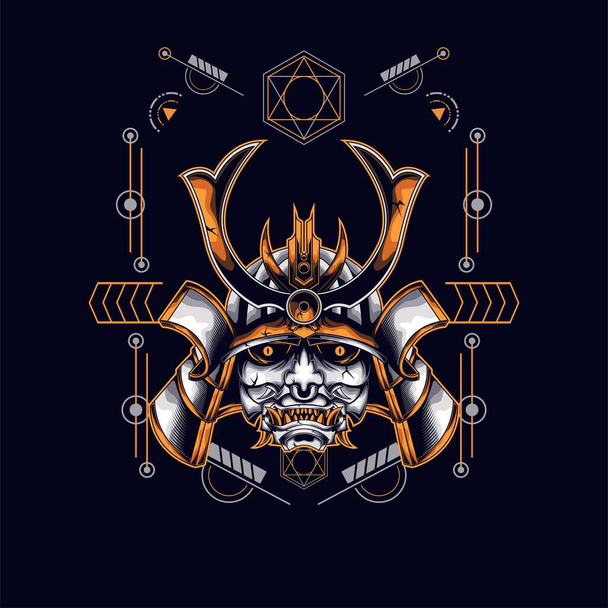 oni masker samoerai hoofd met heilige geometrie ornament voor t-shirt ontwerp - Vector, afbeelding