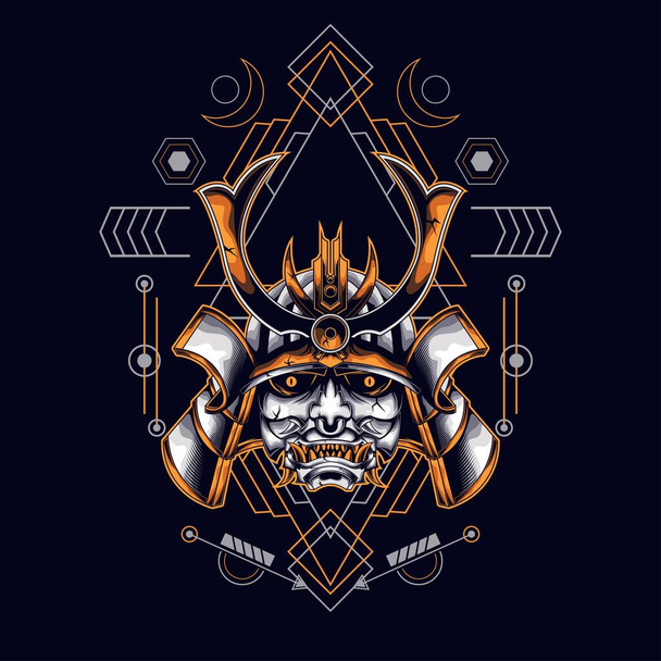 oni Maske Samurai-Kopf mit heiliger Geometrie Ornament für T-Shirt-Design - Vektor, Bild