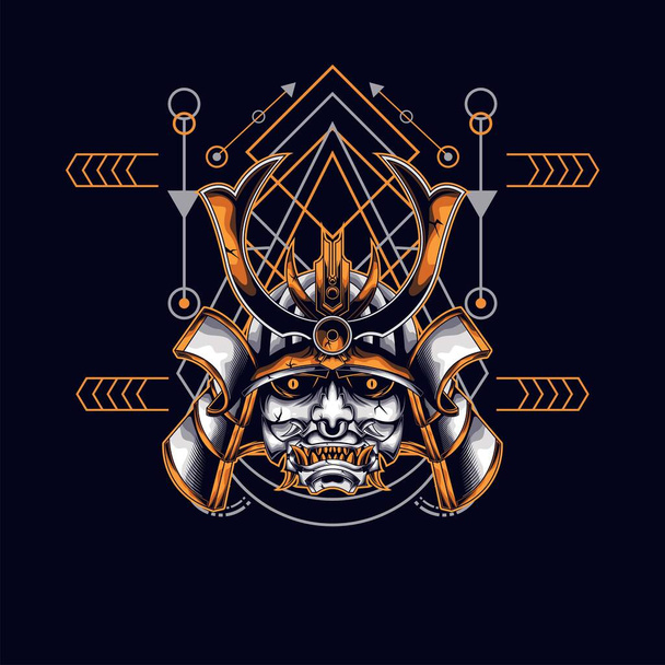 oni maska samuraj hlava s posvátnou geometrie ornament pro t-shirt design - Vektor, obrázek