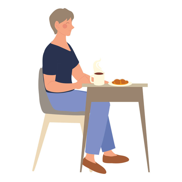 γυναίκα κάθεται στο τραπέζι στο καφέ με το κύπελλο και κρουασάν - Διάνυσμα, εικόνα