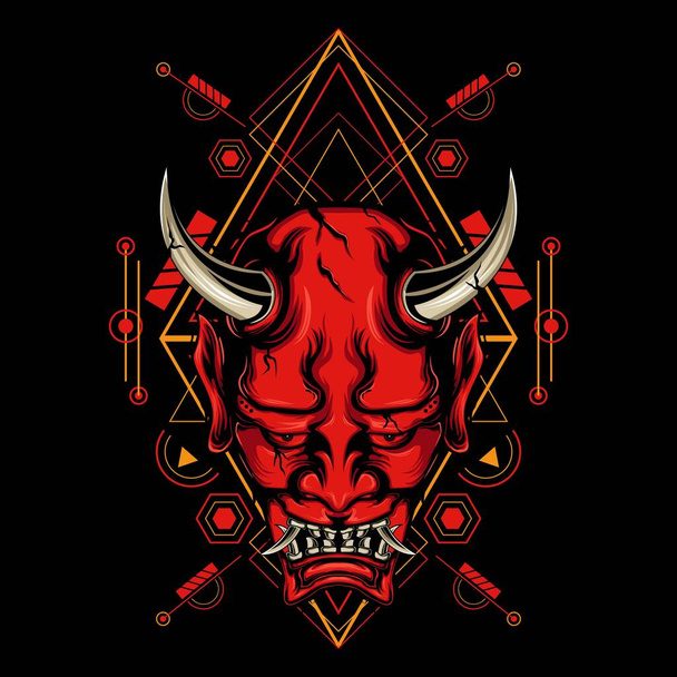 悪魔のマスク、神聖な幾何学装飾とTシャツのデザインのための黒の背景を持つ般若マスク - ベクター画像
