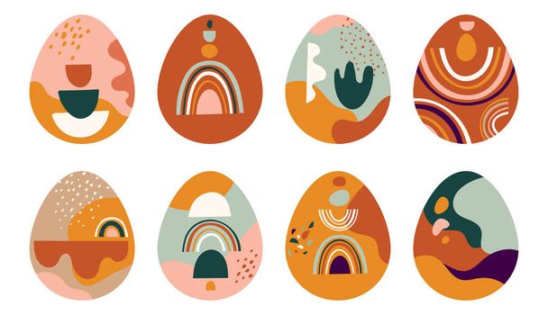 Boho Easter concept design, κουνελάκια, αυγά, λουλούδια και ουράνια τόξα σε παστέλ και τερακότα χρώματα, επίπεδη διανυσματική εικονογράφηση - Διάνυσμα, εικόνα