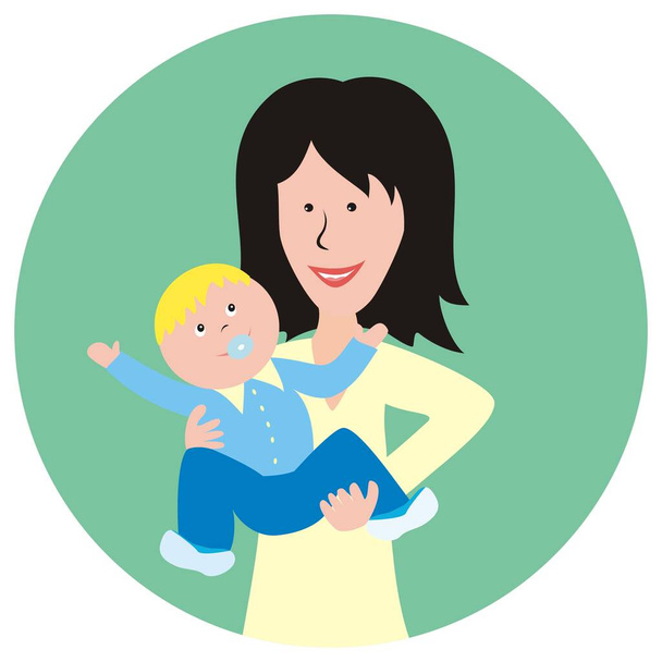 Mère avec bébé garçon, illustration vectorielle au cadre vert cercle - Vecteur, image