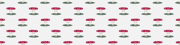Fond sans couture champignon des bois avec kawaii face frontière de bébé neutre du genre. Bannière simple scandi toadstool terreuse 2 tons. Enfants pépinière mouche agaric forêt bordure garniture de mode.  - Vecteur, image