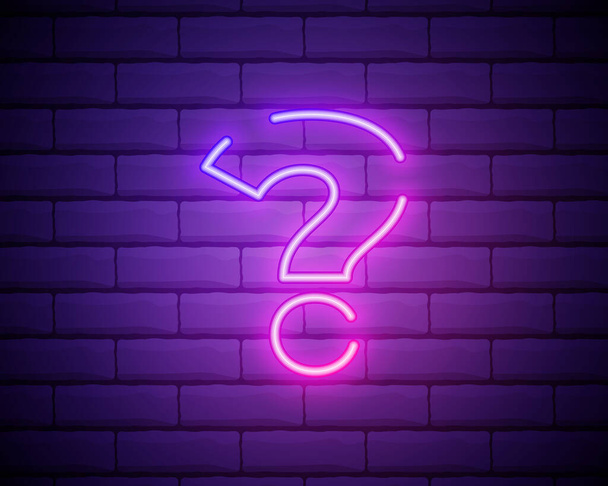 Blue glowing outline neon question mark or sign on brick wall background, ui and ux light icon and bright symbol. Vector illustration of neon question - Vector, Image