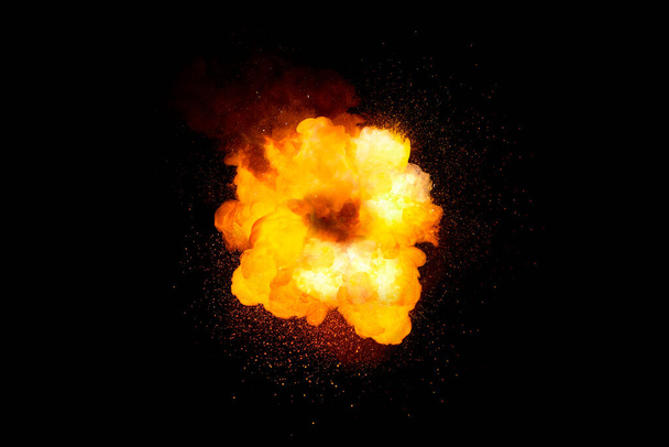Fiery bomb explosion, orange color with sparks and smoke isolated on black background - Photo, Image
