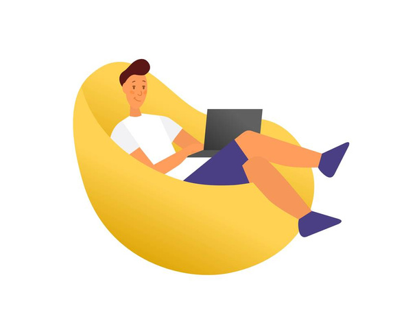 Flat style. Man lies in the chair. Enjoy work from home, comfortable work with a laptop. Vector illustration. - Vector, Image
