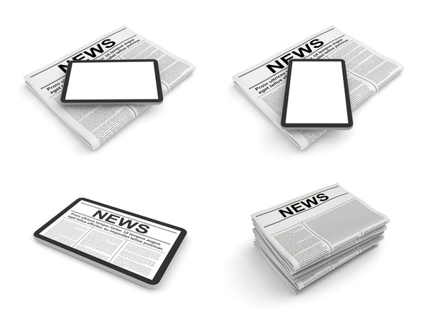 Periódico y tableta PC sobre un fondo blanco. Espacio en blanco para la plantilla de página de noticias. - Foto, imagen