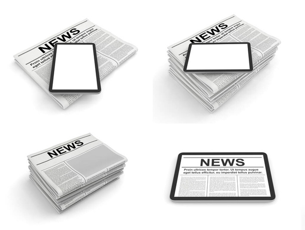Giornale e tablet pc su sfondo bianco. Spazio vuoto per il modello di pagina di notizie. - Foto, immagini