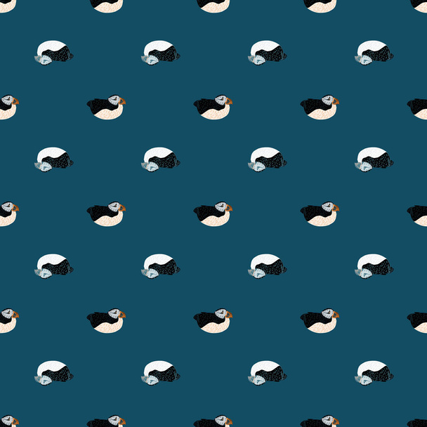 Abstract zoo seamless doodle pattern with hand drawn puffin bird shapes. Navy blue pale background. Vector illustration for seasonal textile prints, fabric, banners, backdrops and wallpapers. - Wektor, obraz