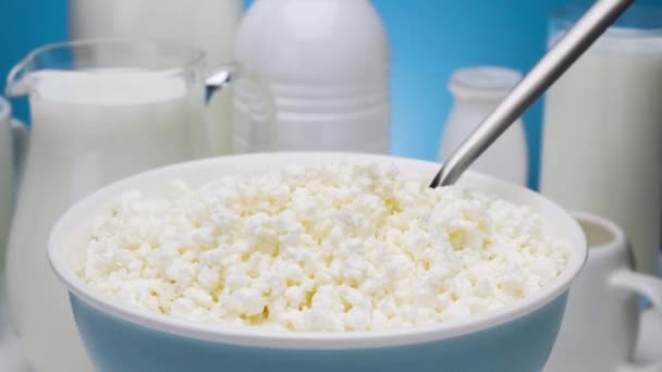 Bowl of cottage cheese, served with various dairy products - Footage, Video