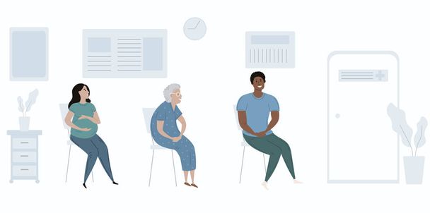 A betegek változatos emberek az orvosok váróterem vektor illusztráció. Cartoon lapos terhes nő, fekete férfi, idős nő karakterek ülnek és várják a doktori kinevezést a váróban. Orvosi - Vektor, kép