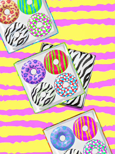 3d rendern Modecollage flache Laienszene. Kreative Animal Prints Donuts auf Designhintergrund. Exklusive Donuts. Minimalistischer Essensstil moderne Kunst. - Foto, Bild